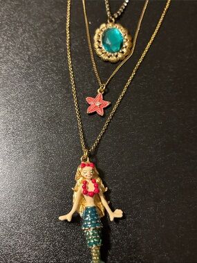 Betsey Johnson Gold Tone Layered Mermaid Necklace with Pink and Teal Accents